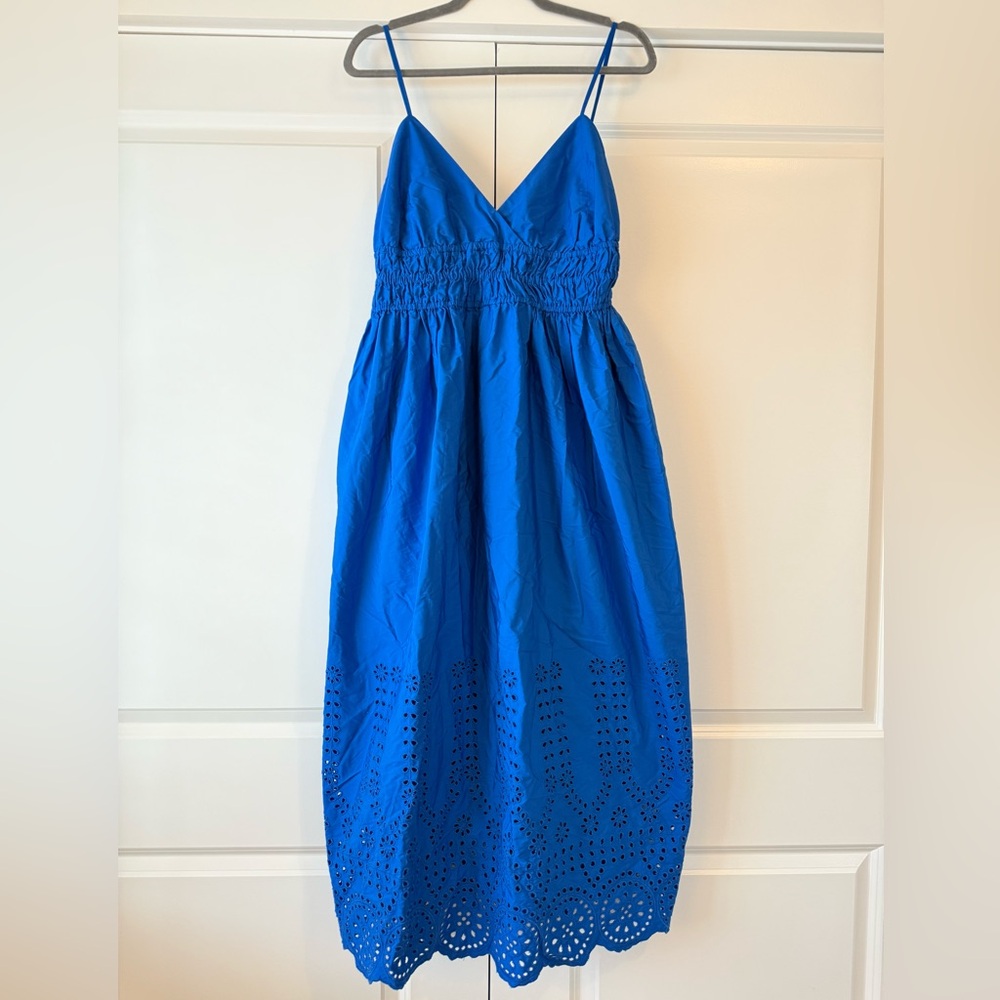 J. Crew V-neck Smocked Waist Dress in Cotton Poplin Blue Eyelet Size 16 - Picture 4 of 9